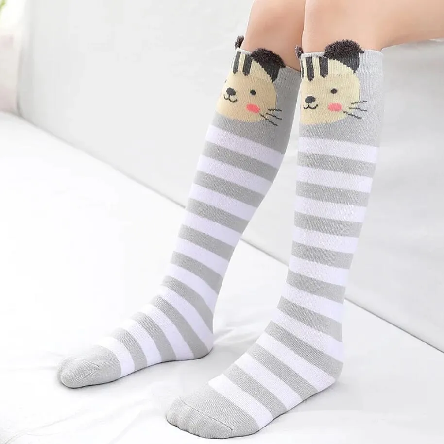 Children Knee High Socks Baby Kids Cartoon Animal Long Cotton Socks for Girls Boys Toddler School Striped Child Trendy 3-12 Yeas