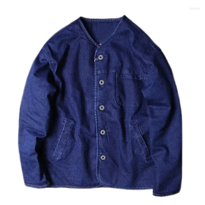 Men's Jackets Japan Style Quilted Lining Men V-Neck Denim Jacket Single Breasted 2023 Autumn Winter Dark Blue Vintage Jean