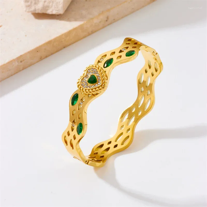 Bangle 316L Aço Inoxidável Moda Retro Estilo Étnico High-End Sentimento Onda Escavada Micro Zircão Incrustado Amor Feminino