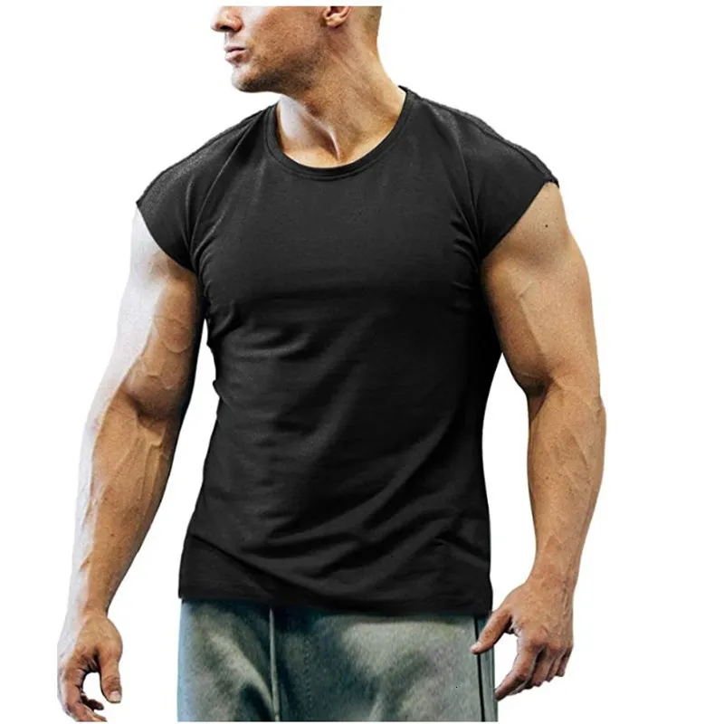 T-shirts pour hommes T-shirt d'été Bodybuilding Muscle Tank Oneck Couleur unie Sports décontractés Chemise sans manches Homme Entraînement Fitness Tops 230406