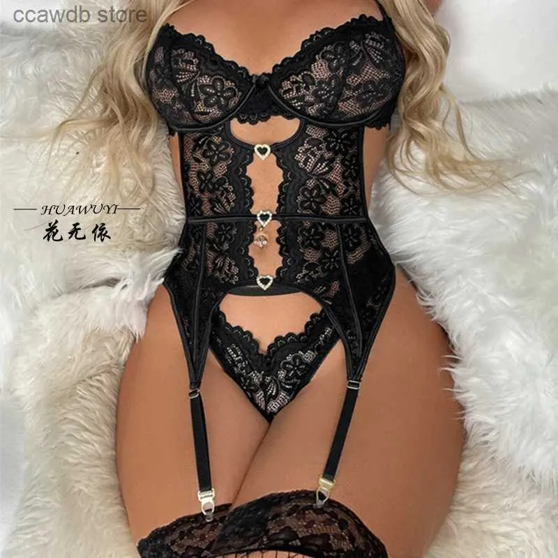 Ensemble sexy Sexy sans entrejambe bleu Lingerie femmes dentelle body creux pyjama érotique Teddy robe nuisette profonde V ouvert soutien-gorge porno sous-vêtements ensemble T231106