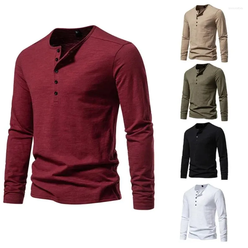 Męskie koszulki T-shirt Henley T-Shirt Men Długie rękaw Podstawowe oddychanie TEE TEE Autumn Solid Kolorowa koszula