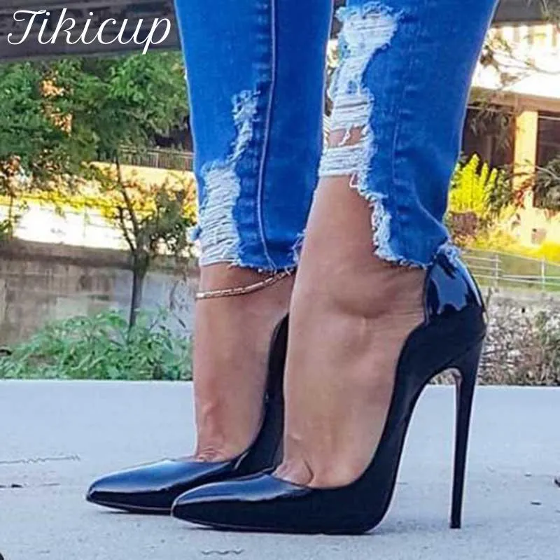 Sukienka buty tikicup fala fala solidna czarna patent spiczasty palcowe czółenki 8 cm 10 cm 12 cm na obcasie dla eleganckich dam