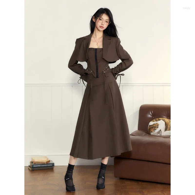 Two Piece Dress Women's Skirt Sets Brown Blazer Waist Retraction Bandage Tank Top High A-Line Skirts Sweet Cool Three Lady's Clothes