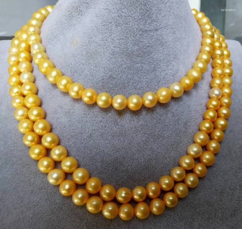 Chaînes Beau collier de perles naturelles rondes de 8 à 9 mm 50" FERMOIR JAUNE