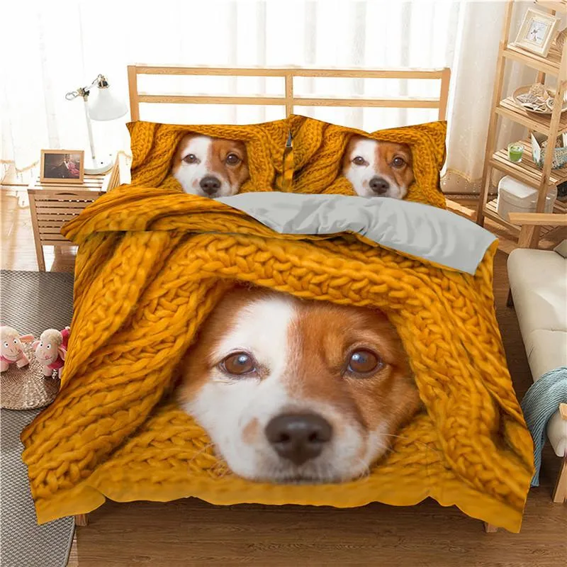 寝具セットイエローウールペット犬Dekbedovertrek Duvet Cover Dachshunds French Quilt for Teenシングルダブルベッドスプレッドセット