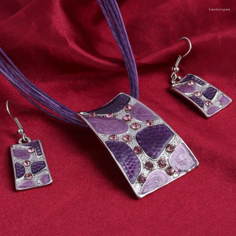 Collier boucles d'oreilles ensemble violet géométrique pendentif boucles d'oreilles ensembles multicouche cire corde tour de cou émail métal cristal bijoux de mariage