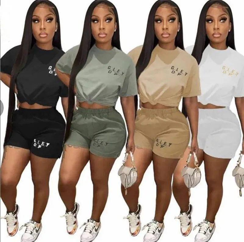 Casual Summer Women Tracksuits Outfits Cotton Blend Letter Print Crop Top T Shirt And Shorts Matching Two Piece Pants Set