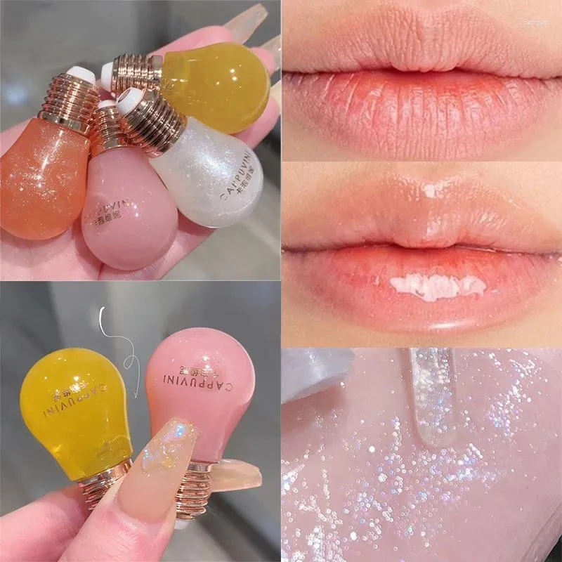 Lipgloss Cappuvini Cute Bulb Oil Lips Plumping Liquid Lipgloss Light Shining Glitter Lipstick Makeup Shimmer Pink Clear Tint