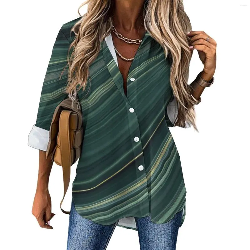 Damesblouses Marmeren print Casual blouse Groen Vloeibaar esthetisch patroon Vrouwelijk streetwear shirt met lange mouwen Herfst oversized top