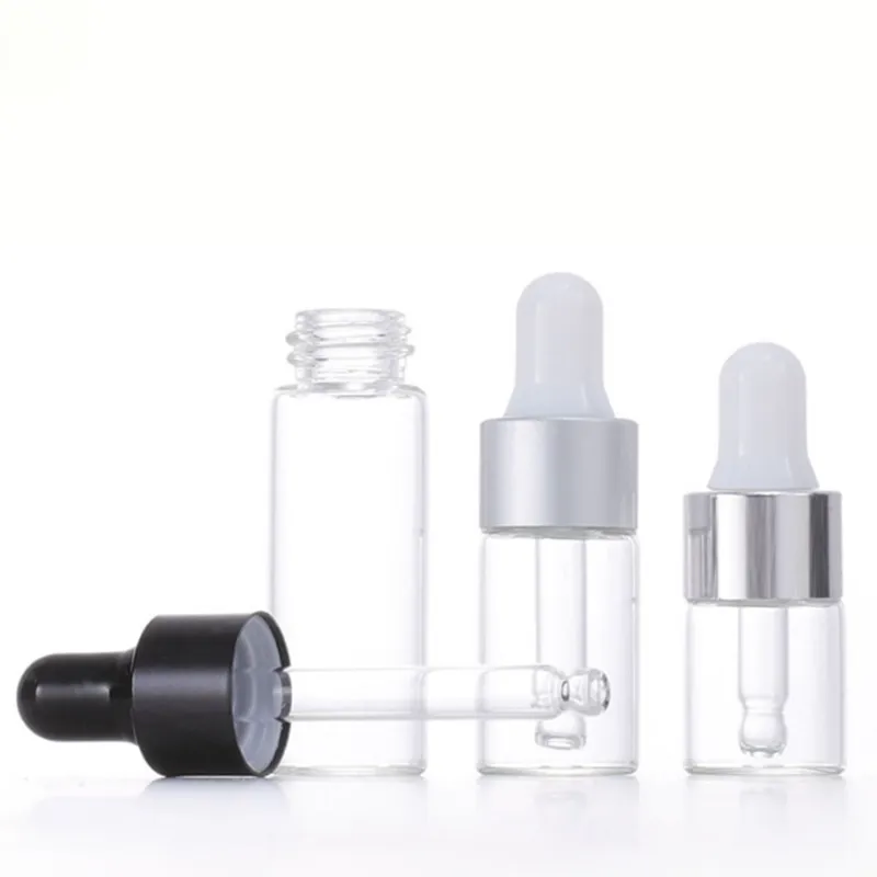 Leere Mini-Flaschen für ätherische Öle 1 ml 2 ml 3 ml 5 ml Klarglas-Tropfflasche mit schwarz-silberner Goldkappe Kleine Glasfläschchen zum Verkauf