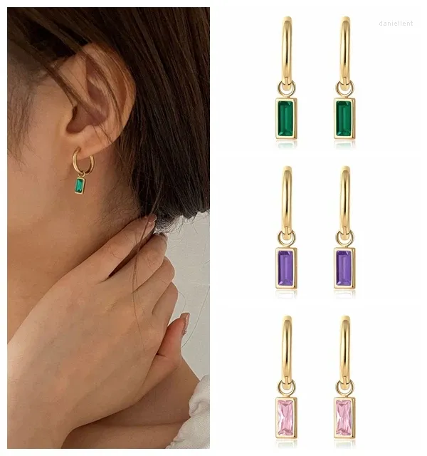 Hoop Earrings 925 Sterling Silver Needle Geometric Square Pendant For Women Pink/Purple/Green/Turquoise Crystal Jewelry