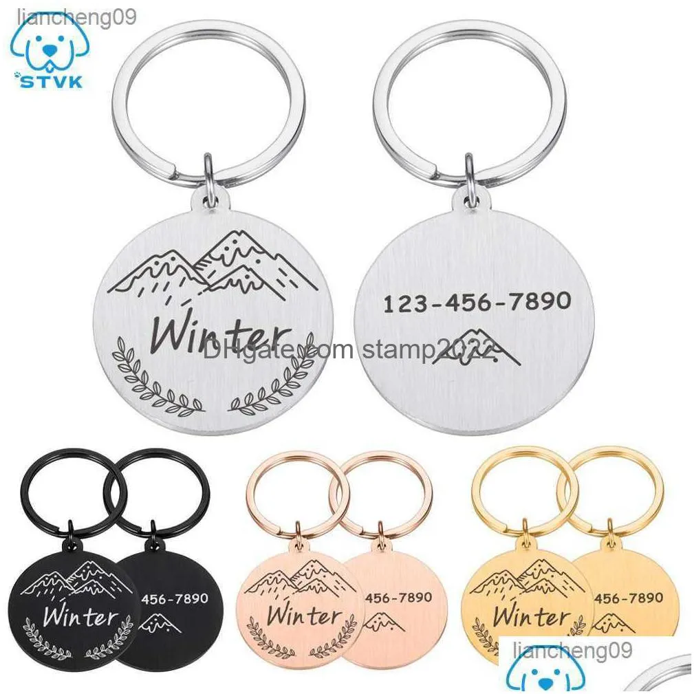 Dog Tag Id Card Engraving Pet Collar Personalized Id Tag Engraved Name For Cat Puppy Keyring Charm Pendant Necklace Accessories Drop Dhwfc