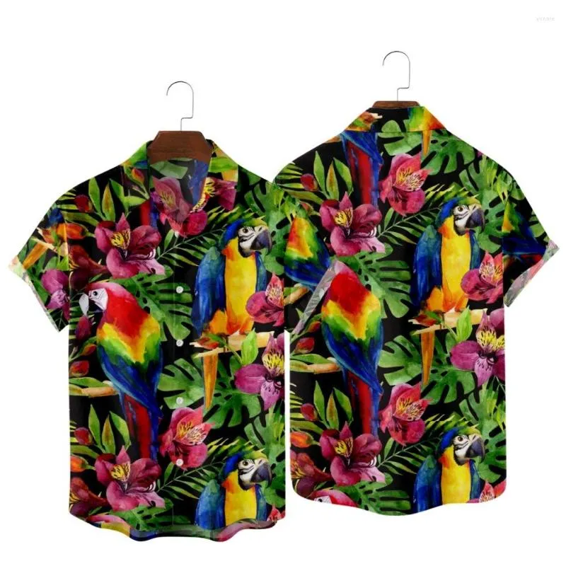 Mäns casual skjortor papegoja tryck för män hawaiian stil vintage mode retro strand sommarficka skjorta