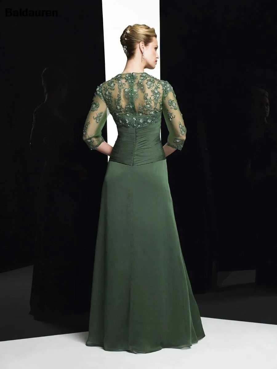 dark green mother of the groom dress Beaded Off Shoulder Half Sleeve Satin Mother of Bride Dress