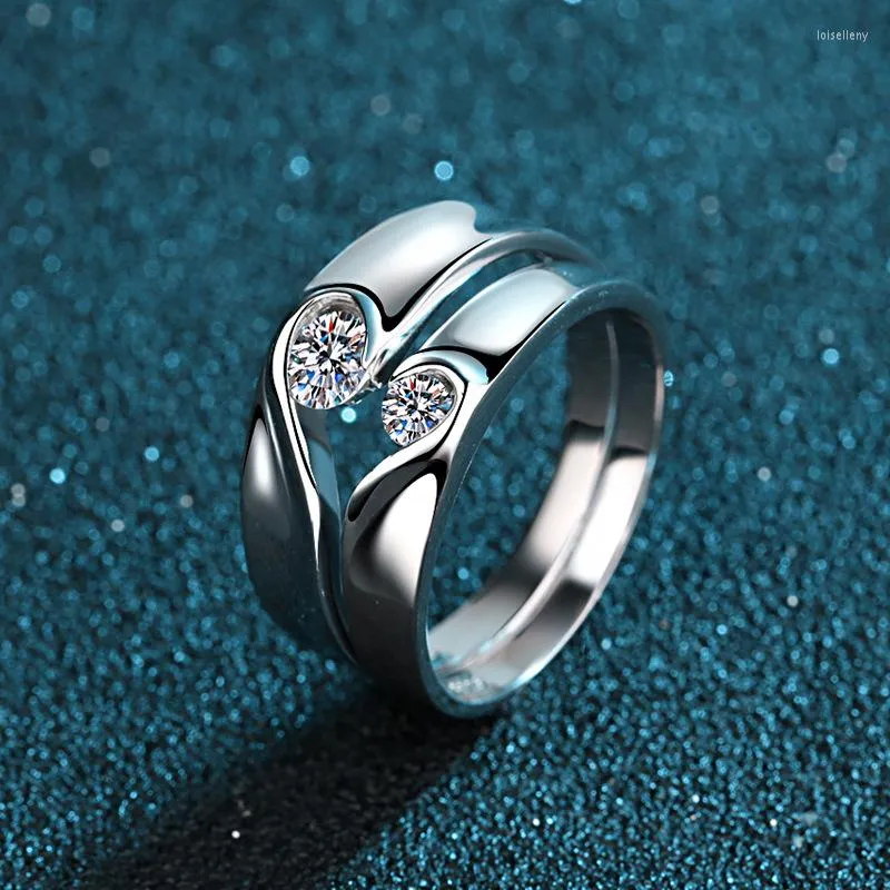 Cluster ringen paar hart bruiloft 925 zilveren ronde briljante gesneden diamanttest voorbij d kleur moissaniet verlovingsring voor menwomen