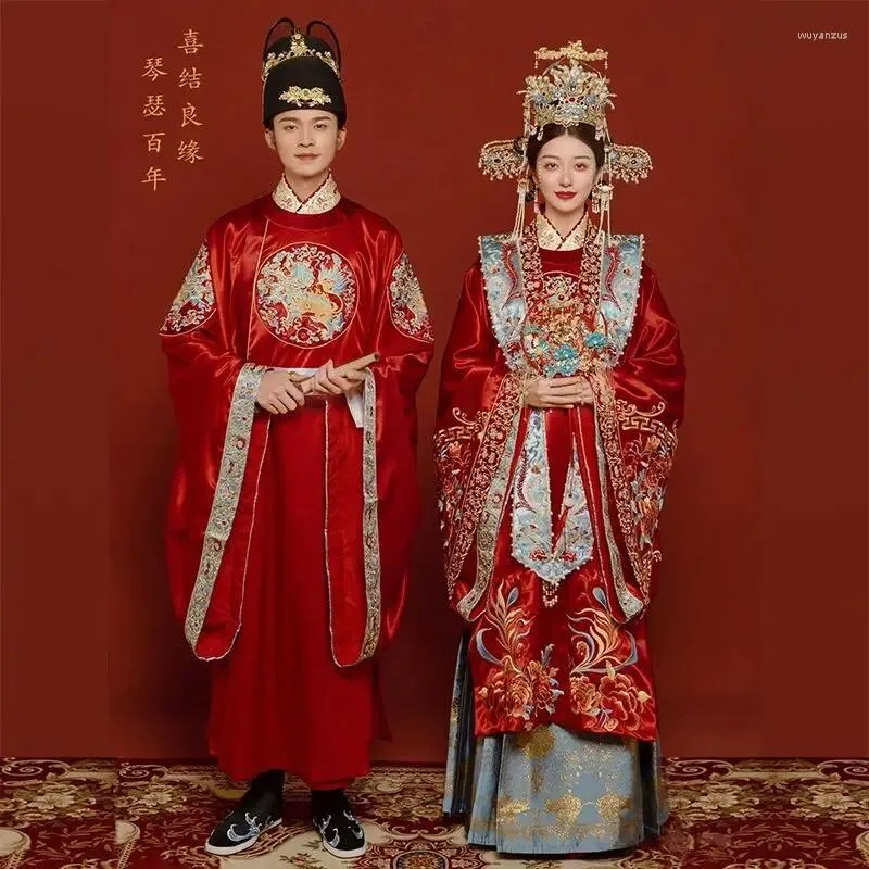 エスニック服yourqipao中国のハンフウェディングドレス中国伝統的な古代のcustumes fengguan xiapei men's and women's bridal gowns