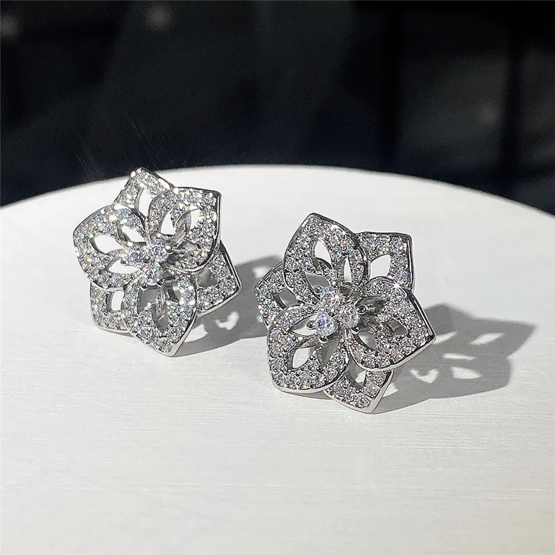 Flower Stud Earring AAAAA Zircon White Gold Filled Jewelry Engagement Wedding Earrings for Women Bridal Birthday Party Bijou