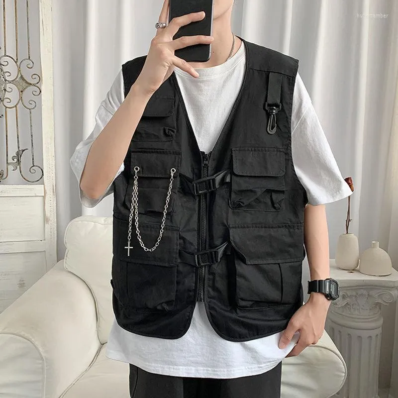 Coletes masculinos de moda casual homens vestes de streetwear punk cargo de vários bolsos práticos jaquetas com mangas de mangas Techwear 4 temporadas roupas