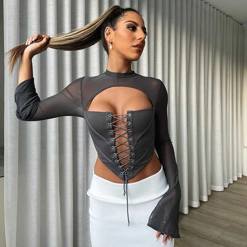 Women's T-Shirt Women's fashion shirts summer New Solid Casual Backless Round Neck Long Sleeve Strap Mesh Slim Top