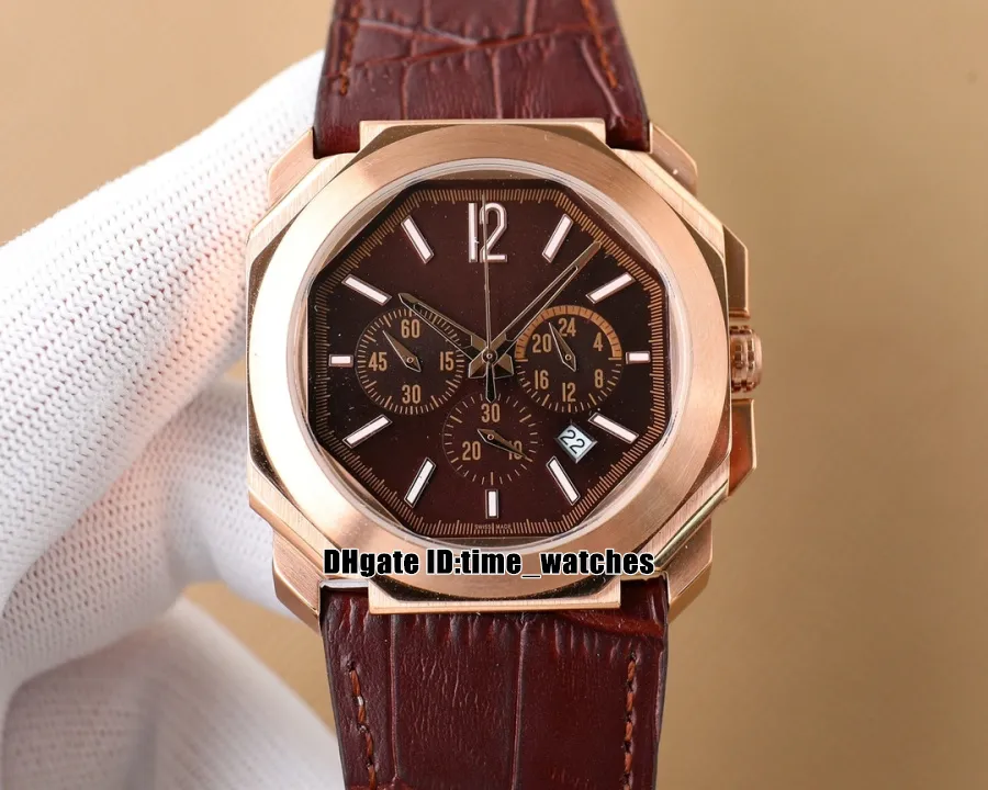 Neue Octo Finissimo 103468 41 mm Uhr OS Quarz Chronograph Herrenuhr Roségold Herrenmode Sportuhren Braunes Lederarmband