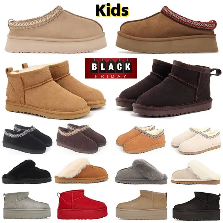 2024 Kinderlaarzen Kid Tasman Slippers Kinderen Sneeuw Winter Peuter Kind Klassiek Ultra Mini Jongens Booties Bont Kid Booties voor meisjes Baby met strikken Tazz Muiltjes Kastanje schoen