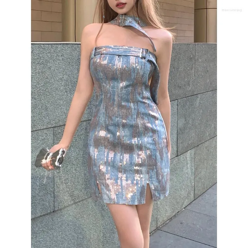 Casual Dresses Sequined Summer Sleeveless Denim Dress Women A-line Light Blue Sexy Short Jeans Sundress Cute Mini Beach Cotton