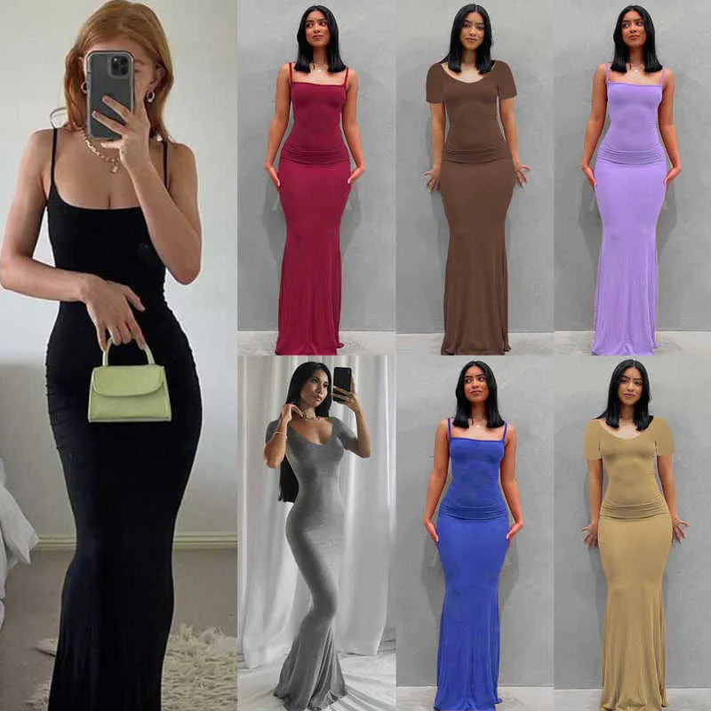 Plus Größe 3XL Damen Casual Maxi Kleider Sexy Hosenträger Einfarbig Figurbetontes Kleid Schlank Sling Home Weiblicher Langer Rock