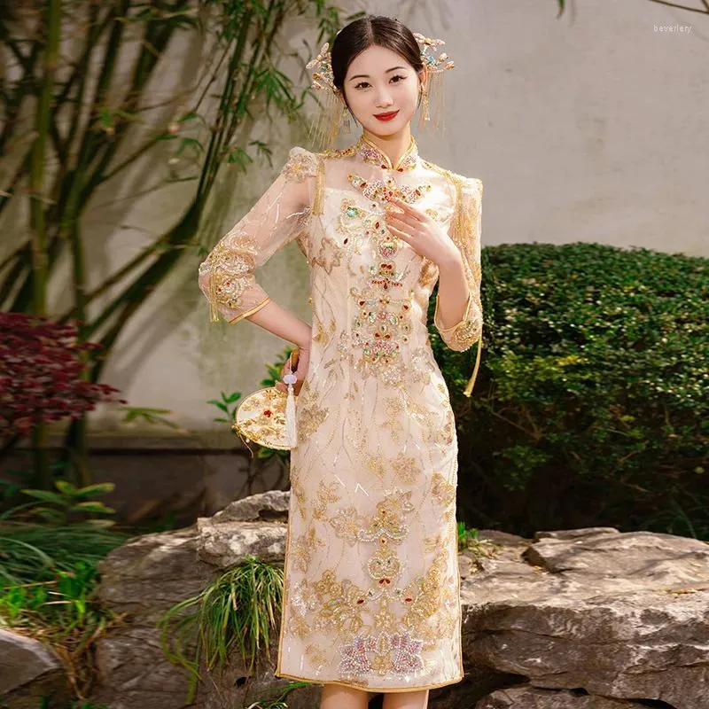 green emerald velvet dress Formal Gold Cheongsam main image 0