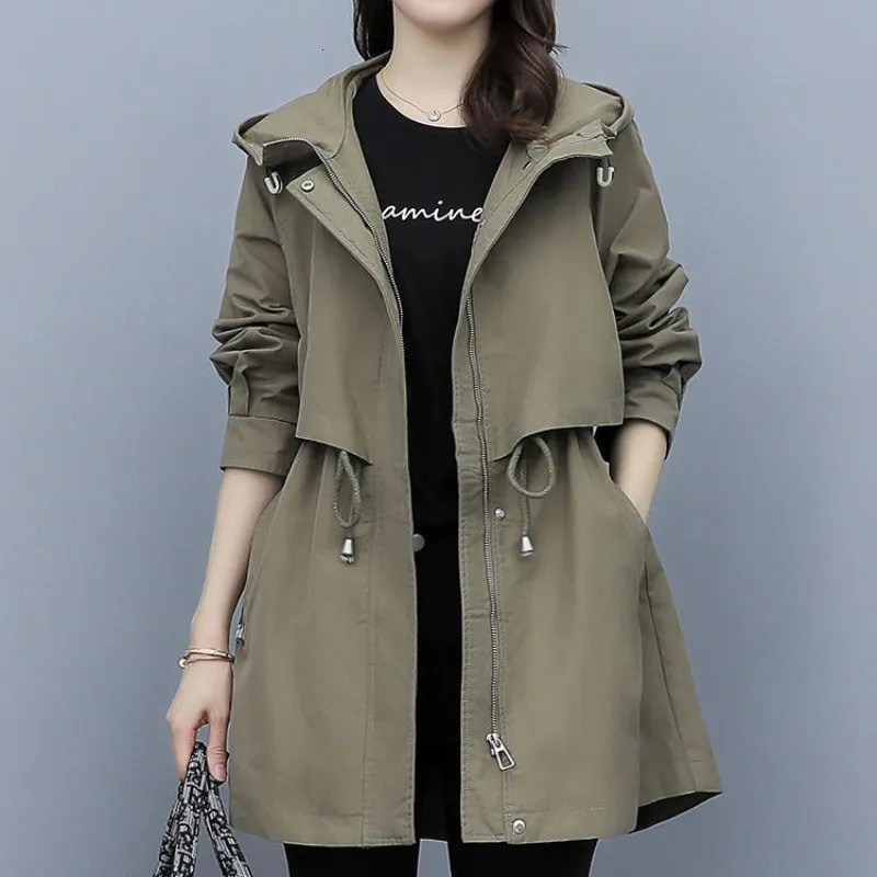 Women's Trench Coats Spring and Autumn 2023 Midlength Coat Hooded dragkedja tiein Jackor British Style Loose Coat's Clothing 230404