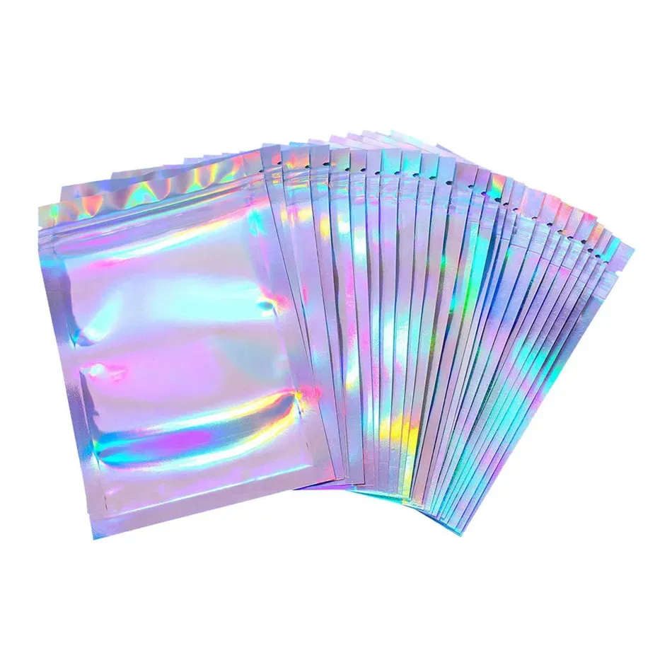 Food Storage Resealable Smell Proof Bags Foil Holographic Flat Bag for Candy Jewelry Sample Storage Packaging Top Quality