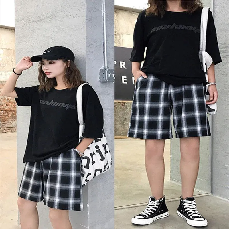 Shorts femininos mulheres verão preto xadrez algodão solto estilo coreano cintura alta harajuku simples calças oversize feminino