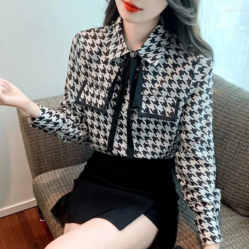 Женские блузки, рубашка с узором «гусиные лапки», женская блузка с длинным рукавом, корейская мода, летний шифоновый галстук-бабочка, повседневный свободный топ