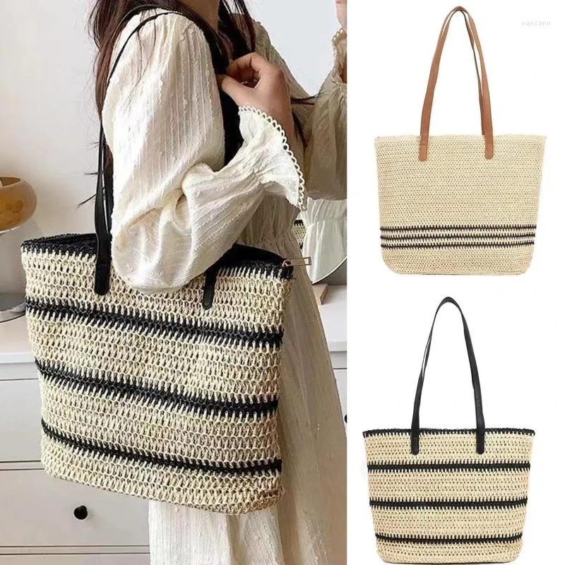 Kvällspåsar sommar damer stickande väska enkel rand virkning hantverk halm stor kapacitet handväska crossbody tote