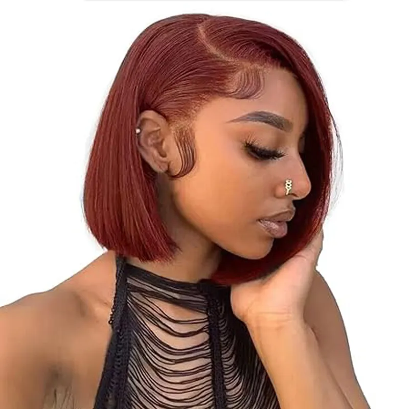 99J Burgunderrote Bob-Lace-Front-Perücken, Echthaar, vorgezupft mit Babyhaar, 13 x 4 kurzer Bob, weinrote Perücke, farbig, leimlose transparente Lace-Frontal-Perücken für Frauen, 150 % Dichte