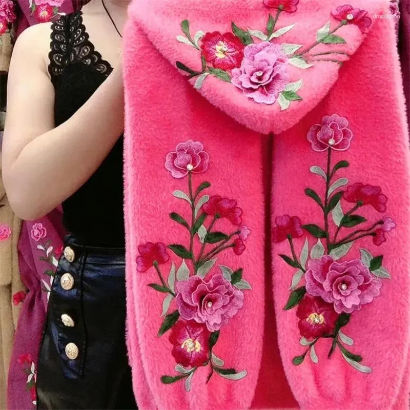 Malhas femininas outono e inverno on-line explosões de celebridades bordadas flores estilo chinês lã de vison com capuz casaco cardigan elástico