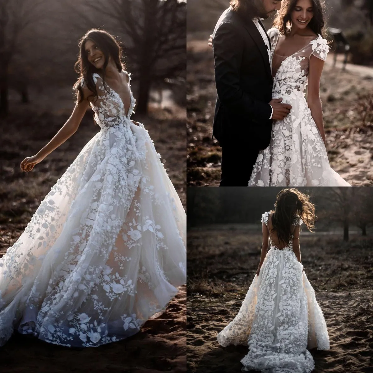 Robe de mariée boho avec des manches de cou et de capuchon en V illusion, robes nuptiales vintage