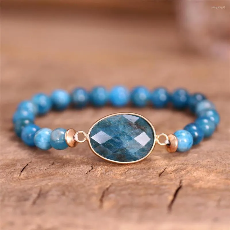 Strand Premium Women Gemstones Stretchy Armband 8mm Apatite Charm Elastic Beads Armband Natural Stone Smycken Dropship grossist