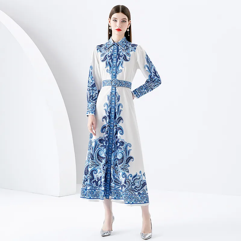 Women Lapel Button Shirt Maxi Dress With Belt Long Sleeve Paisley Print Lady Designer Formal Dresses 2023 Spring Autumn Elegant Slim A-Line Runway Cute Party Frock