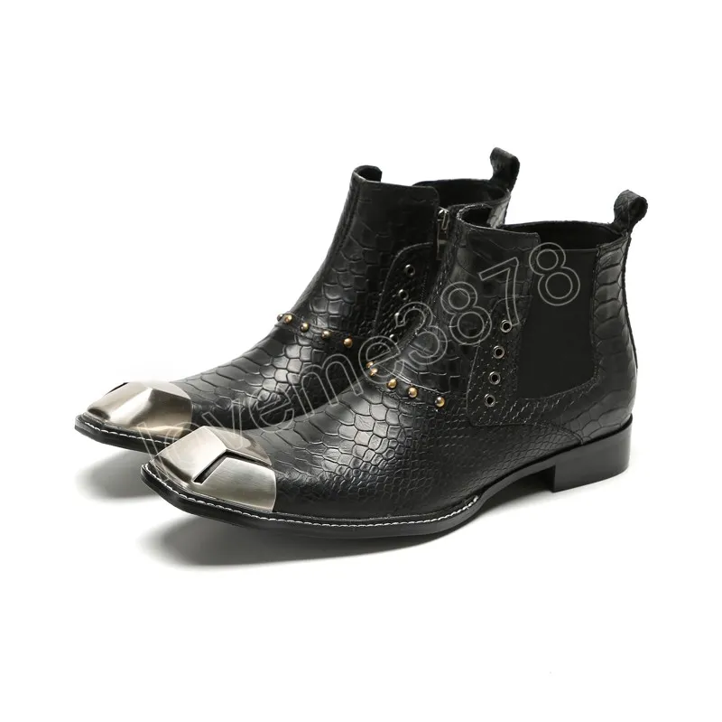 Black Genuine Leather Ankle Boots For Men Western Cowboy Shoes