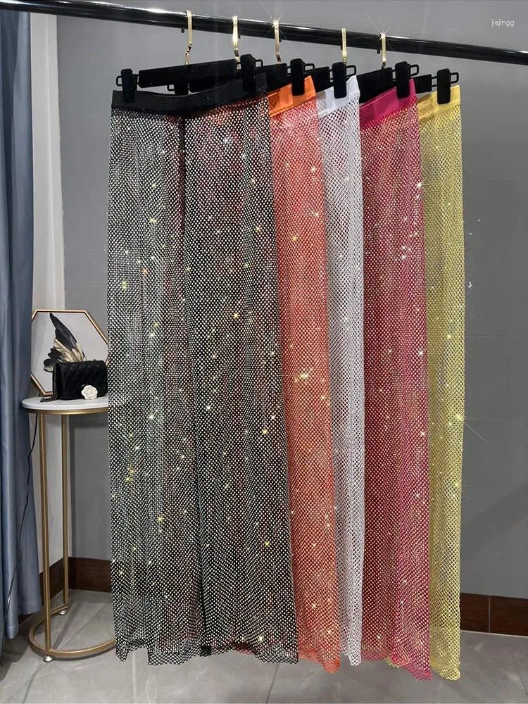 Calças femininas Y2K Festival Sheer Malha Diamantes Longos para Mulheres 2023 Night Club Party Cintura Elástica Glitter Strass Pant