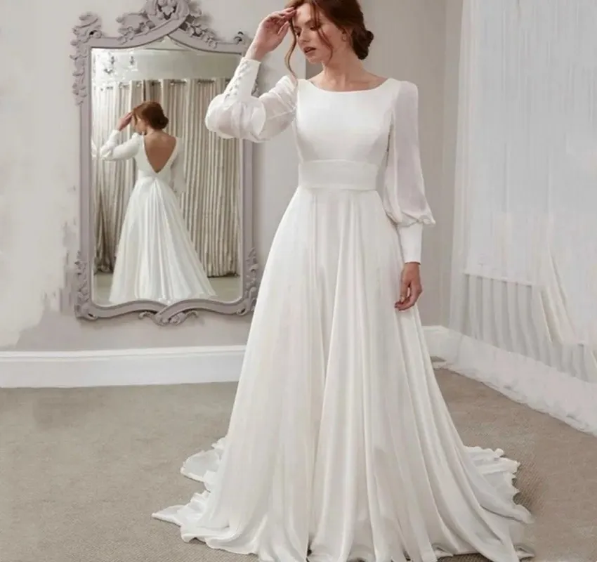 Robe De mariée trapèze Simple, dos nu, col rond, manches lanternes, en mousseline De soie, avec traîne, sur mesure