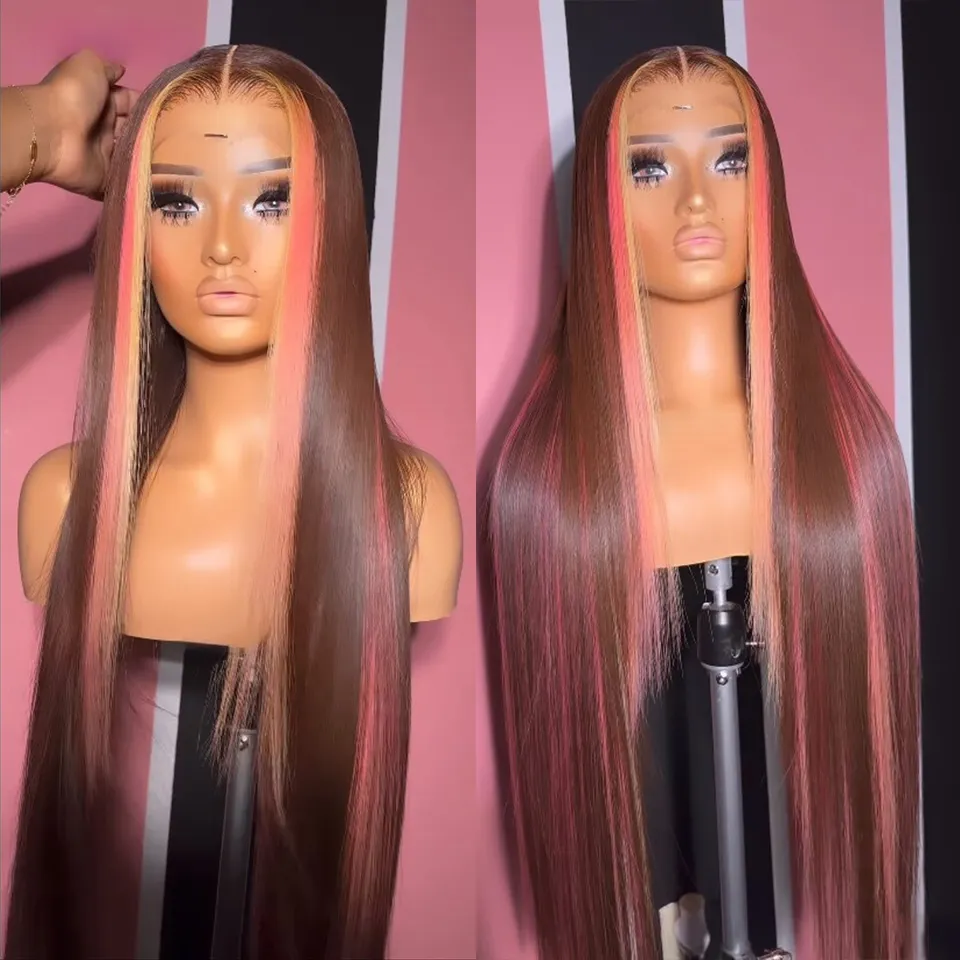 Sex Massagerbrazilian Highlight Pink Brown Straight spetsstängning peruker mänskligt hår för svarta kvinnor transparent 13x4 rak syntetisk spets frontal peruk