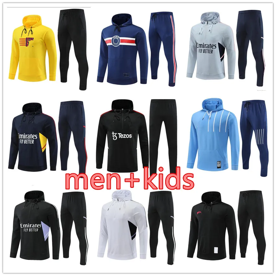 2023 Football Hoodie Tracksuits Jacket Set Män Kids Sportwear 22 23 Halva Drawed Long Sleeve Soccer Football Training Suit Surtetement Foot Chandal Jogging Suit