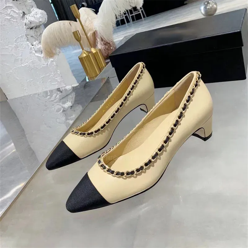 Zapatos de vestir de marca de diseñador para mujer, moda de lujo, tacón medio, sexy, grueso, color partido, piel de oveja, zapatos individuales clásicos