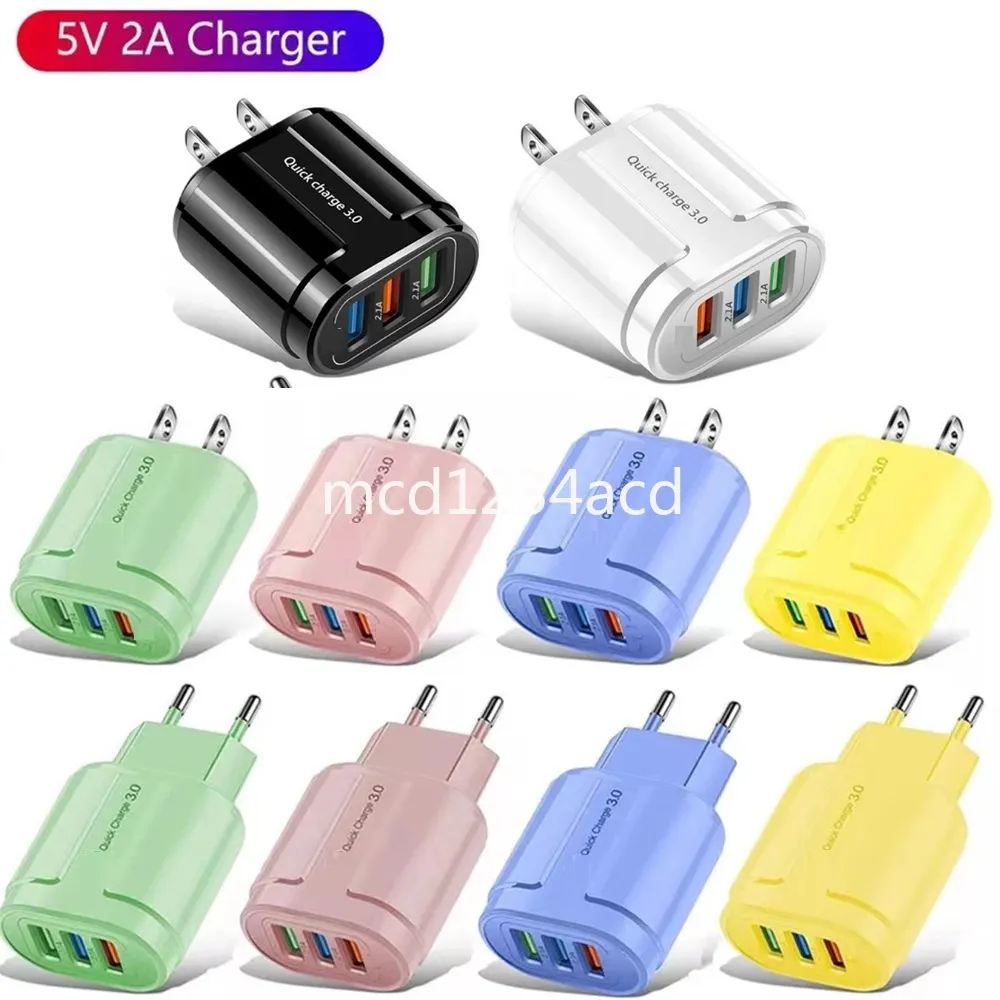 Universal High Speed ​​3 USB Ports Charger Charger Eu US AC AC Home Travel Power Adapters 2A for iPhone 15 12 13 14 Samsung S22 S23 HTC LG M1