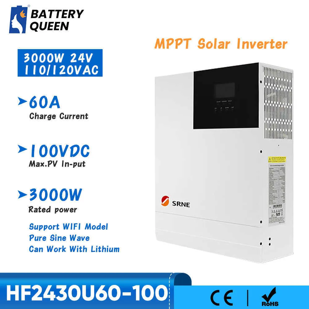 SRNE 3000W 24V 110V/120VAC 50Hz/60Hz Onda sinusoidale pura Inverter ibrido off-grid MPPT 60A Caricatore solare Max tensione di ingresso FV 100VDC