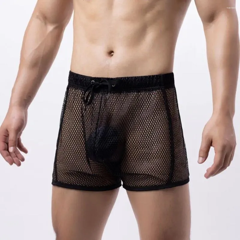 Cuecas homens malha boxer shorts roupa interior sexy respirável calças de canto plano oco transparente grande e