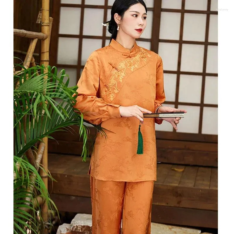 Ethnische Kleidung Herbst chinesischen Stil Stehkragen lässig Langarm Top Retro hohe Taille weites Bein Hosen Stickerei Set für Frauen S-XXL