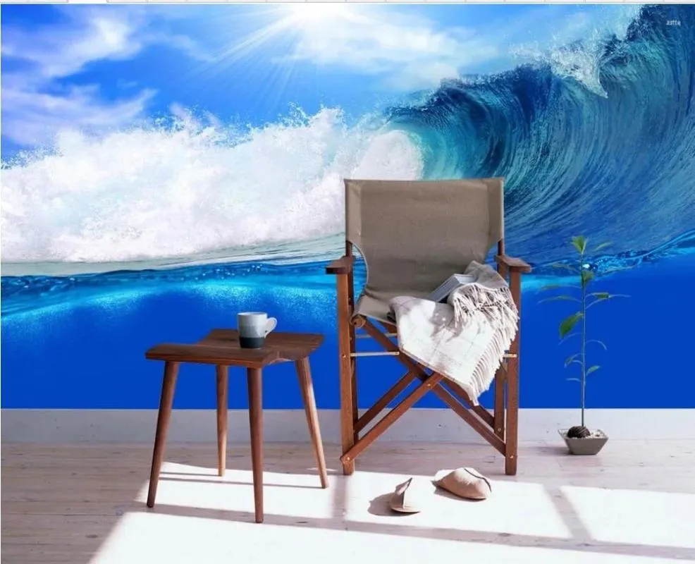 Sfondi 3d Carta da parati personalizzata Blu Mediterraneo Tramonto Onda Decorazione per la casa Muro Po per pareti